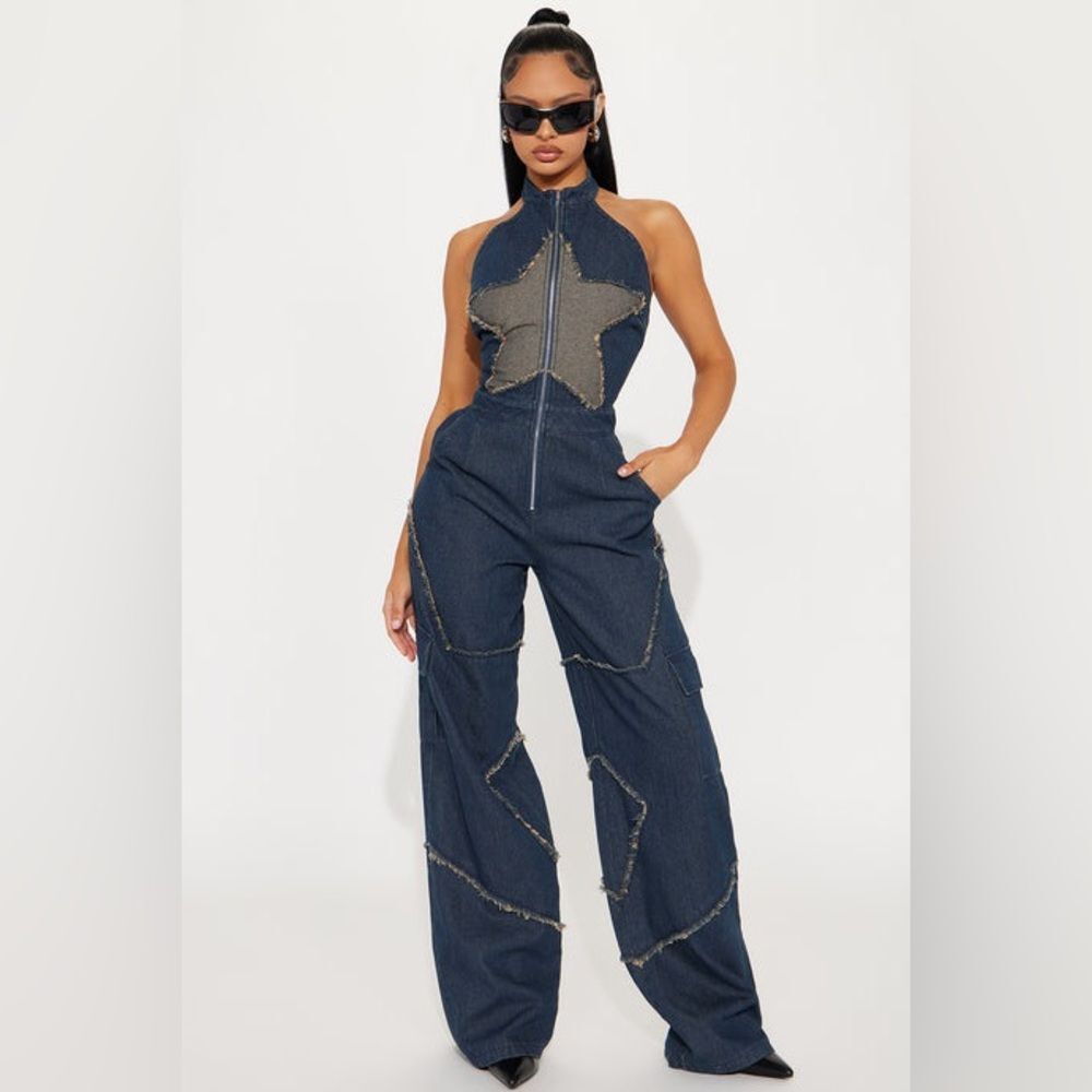 Fashion Nova Star Of Your Eye Stylish Denim Jumpsuit In Dark Wash